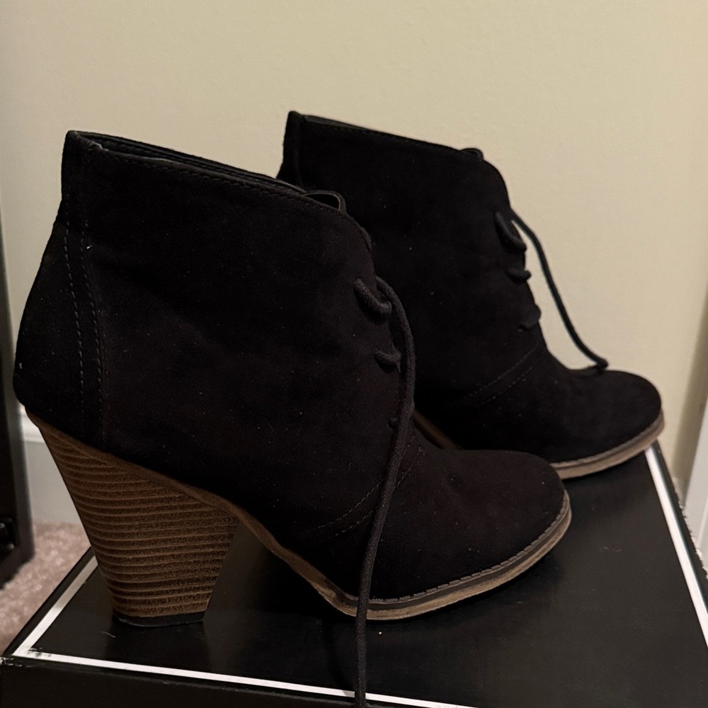 MIA Black Suede Ankle Booties with Wooden Heel